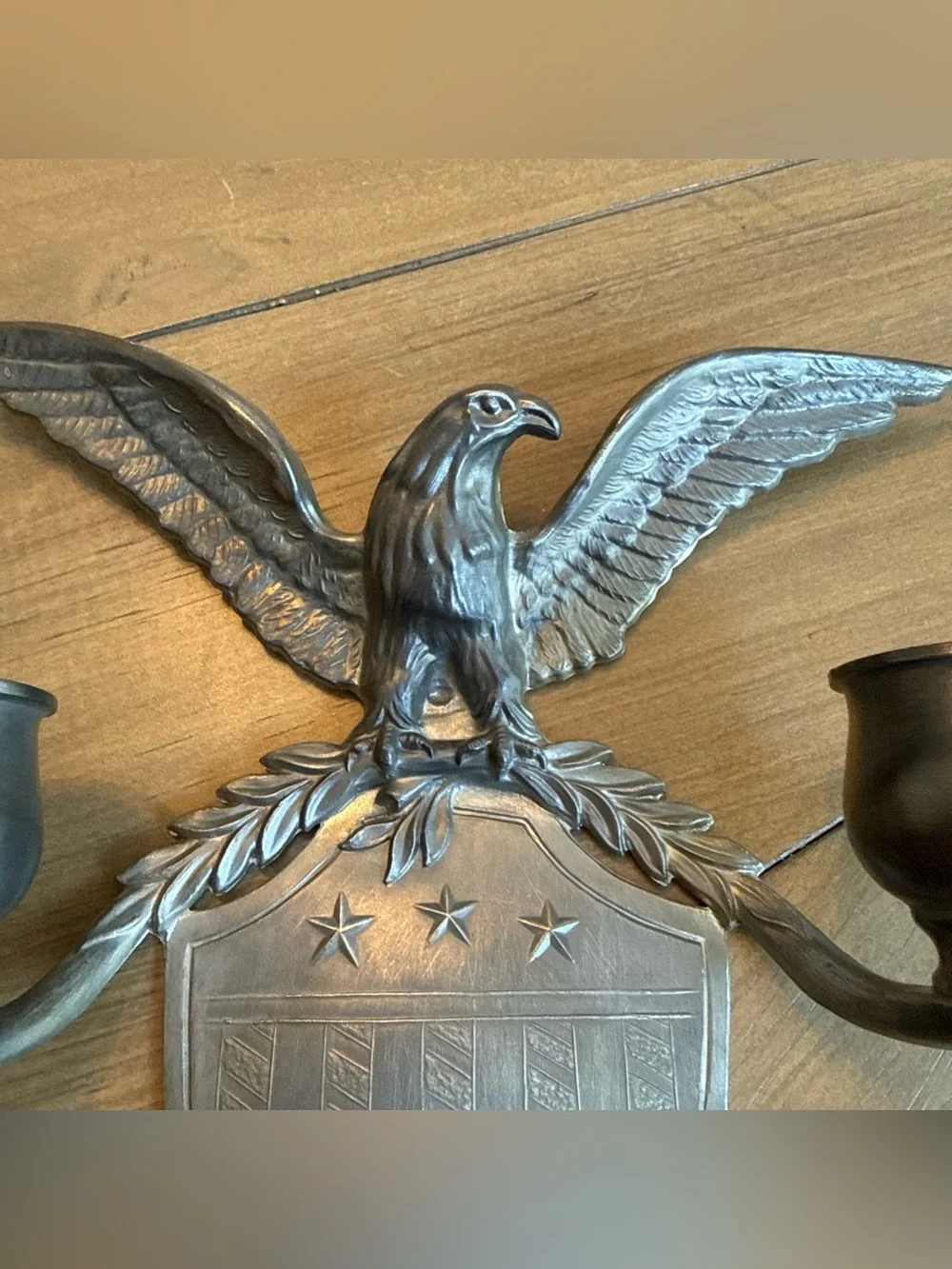 Colonial Casting Co. Double Candle Wall Sconce, Pewter, Eagle,3-Star Shield
